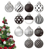 A collection of black, white, and silver polka dot and striped Christmas ornaments.