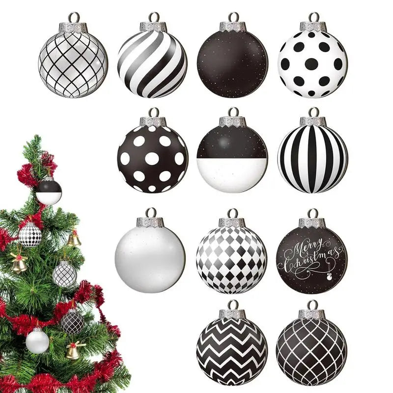A collection of black, white, and silver polka dot and striped Christmas ornaments.