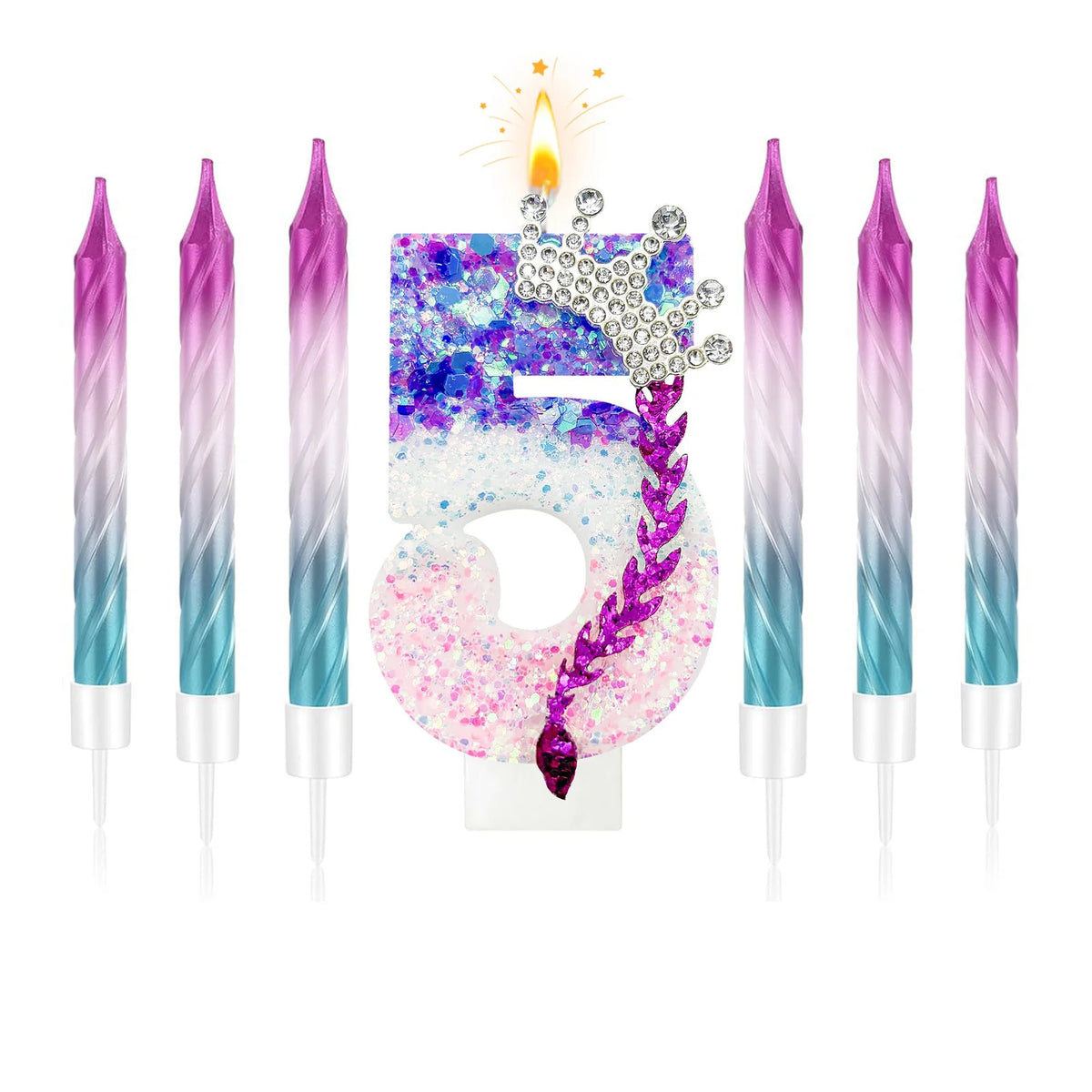 Five birthday candles with a gradient purple and blue sparkle design, topped with a crown.