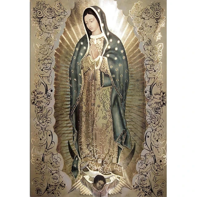 Canvas wall art depicting Our Lady of Guadalupe with a radiant halo and floral border.