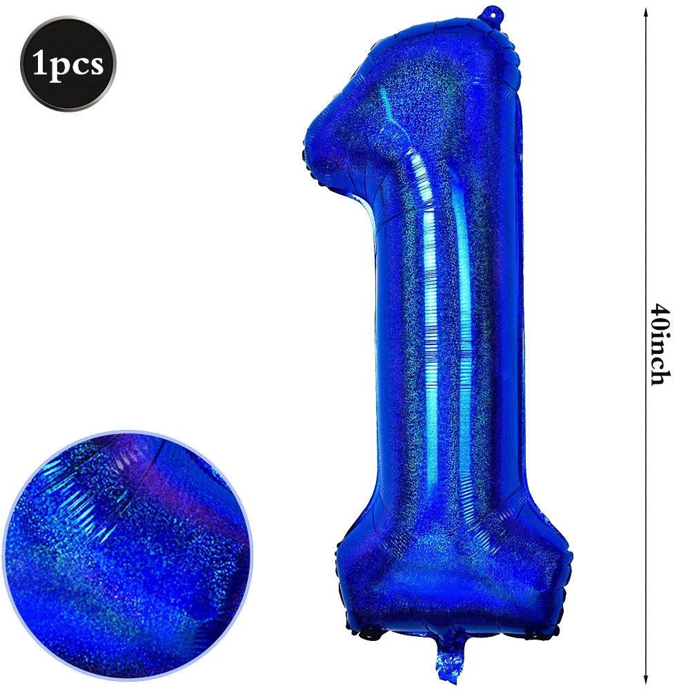 A large, shiny blue foil number balloon shaped like the number 1, used for birthday and party decor.