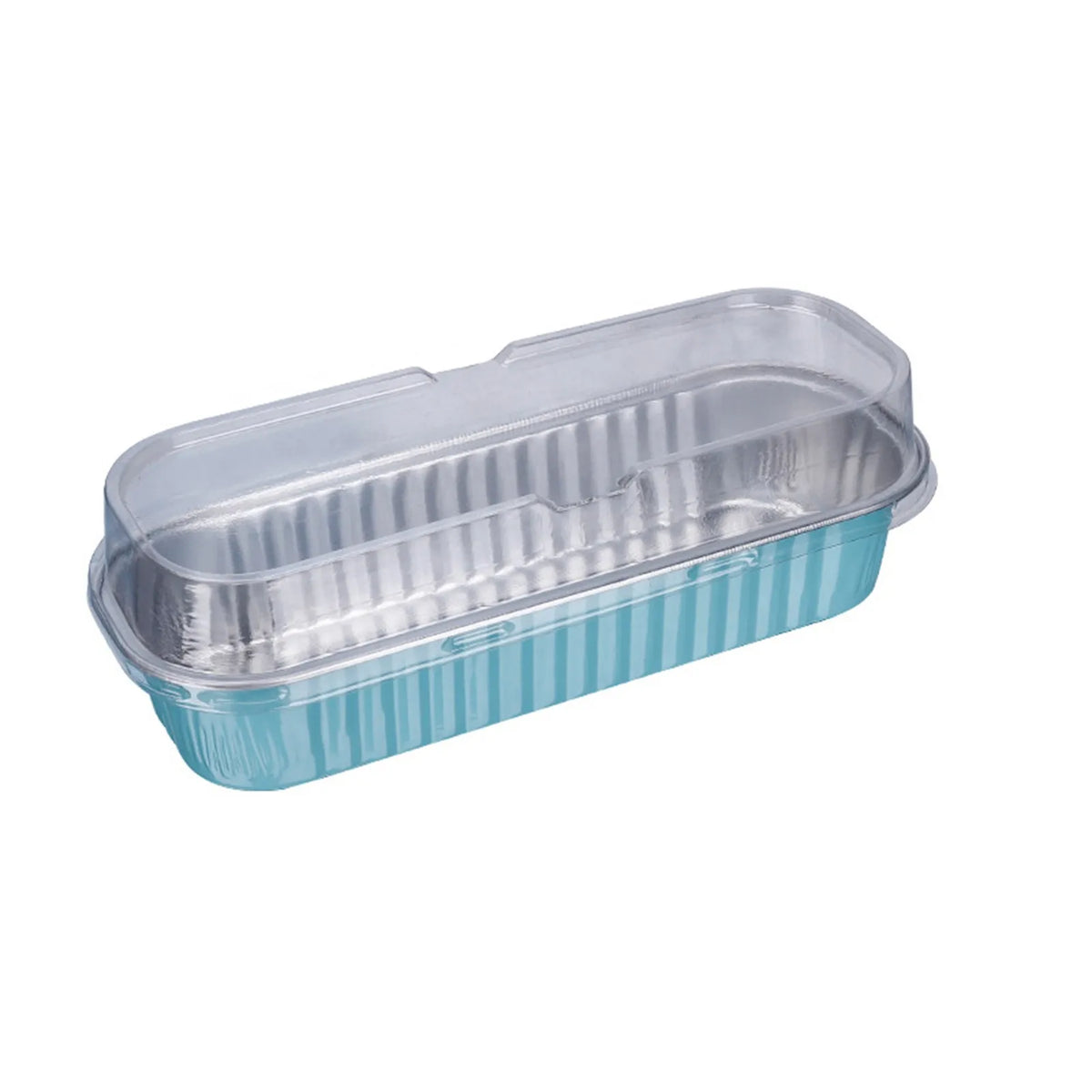 Disposable aluminum foil baking tray with a light blue rim and clear lid