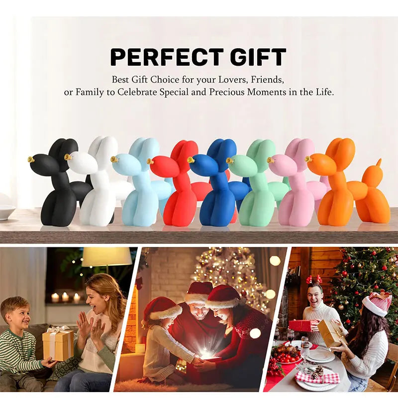 A collection of colorful Nordic balloon dog resin sculptures in various colors displayed on a wooden surface.