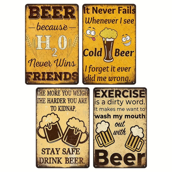 A set of four vintage metal signs featuring humorous pub art about beer and drinking