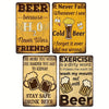 A set of four vintage metal signs featuring humorous pub art about beer and drinking