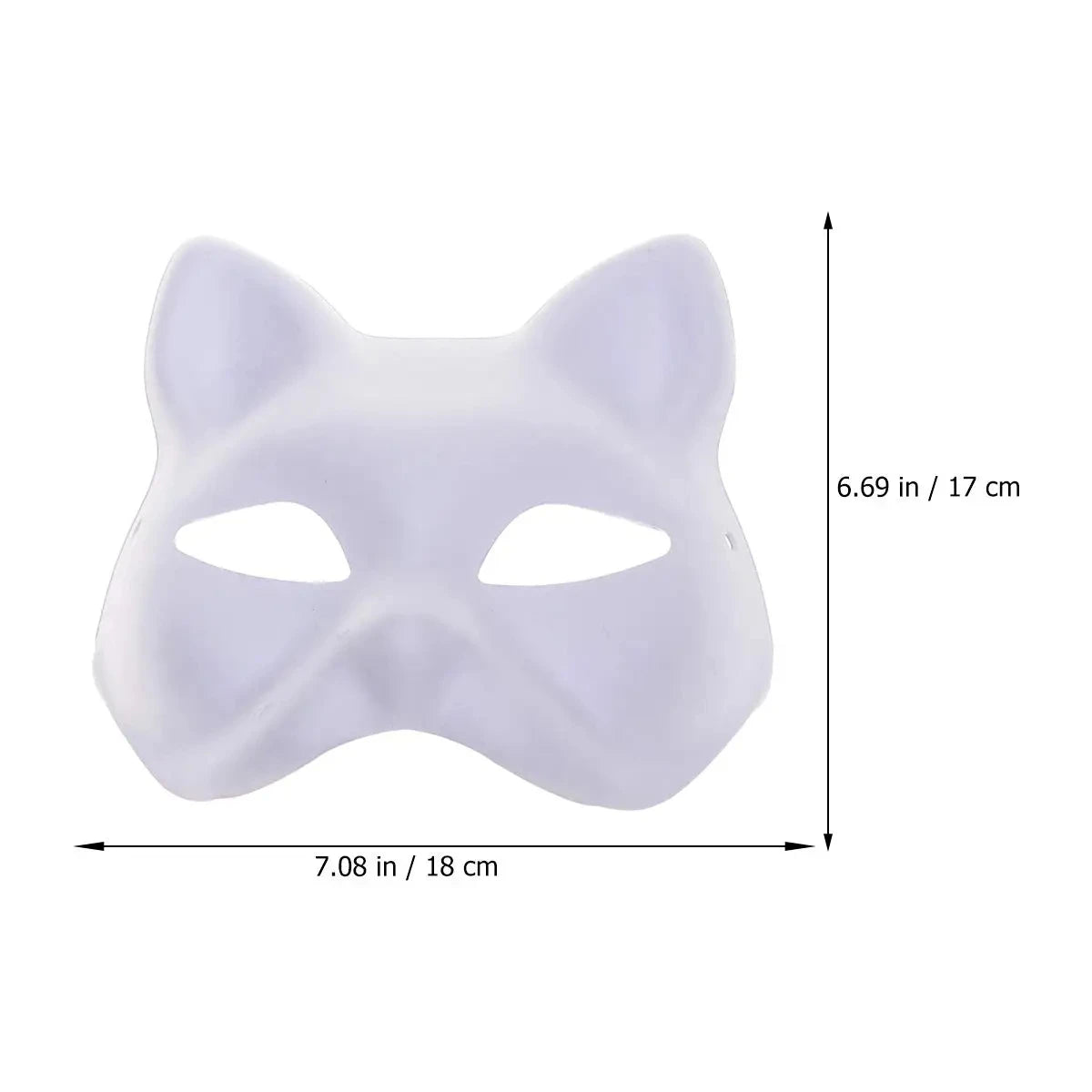 A white cat half mask for DIY decoration or cosplay, shown flat with dimensions 6.69 in by 7.08 in.
