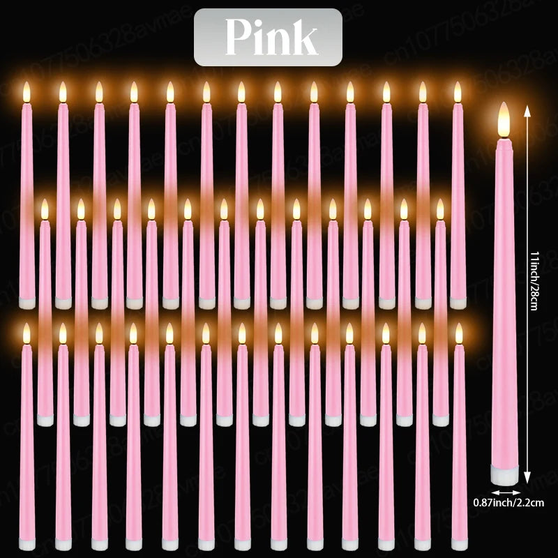 A vertical arrangement of pink LED taper candles with flickering flame effects.