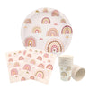 A plate and several paper cups featuring a rainbow pattern for a disposable party set.