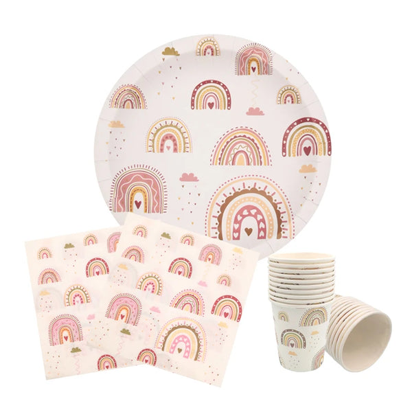A plate and several paper cups featuring a rainbow pattern for a disposable party set.