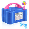 Blue electric balloon pump with a pink handle and blue body, shown next to the pump head.