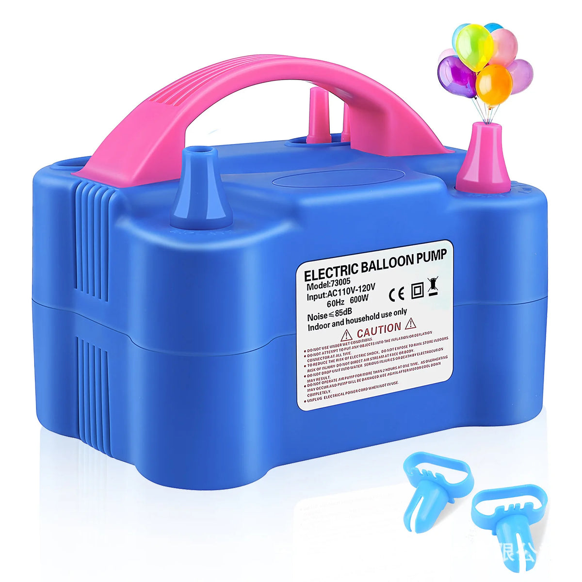 Blue electric balloon pump with a pink handle and blue body, shown next to the pump head.