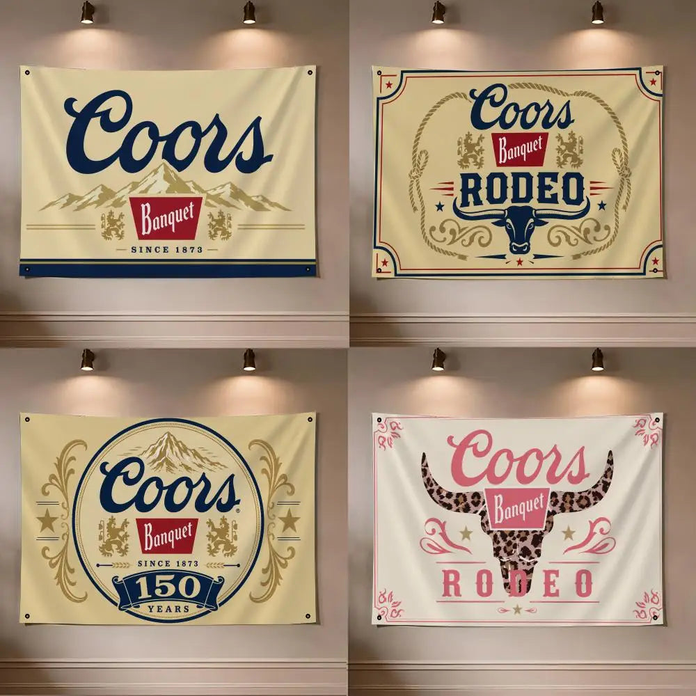 Three decorative flag banners featuring the Coors Banquet Rodeo logo in various styles and colors.