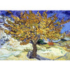 A vibrant oil painting depicting a golden-yellow tree against a blue sky and rolling landscape.