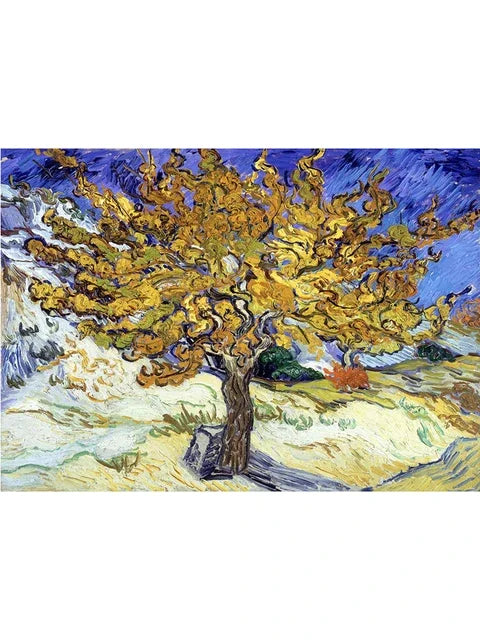 A vibrant oil painting depicting a golden-yellow tree against a blue sky and rolling landscape.