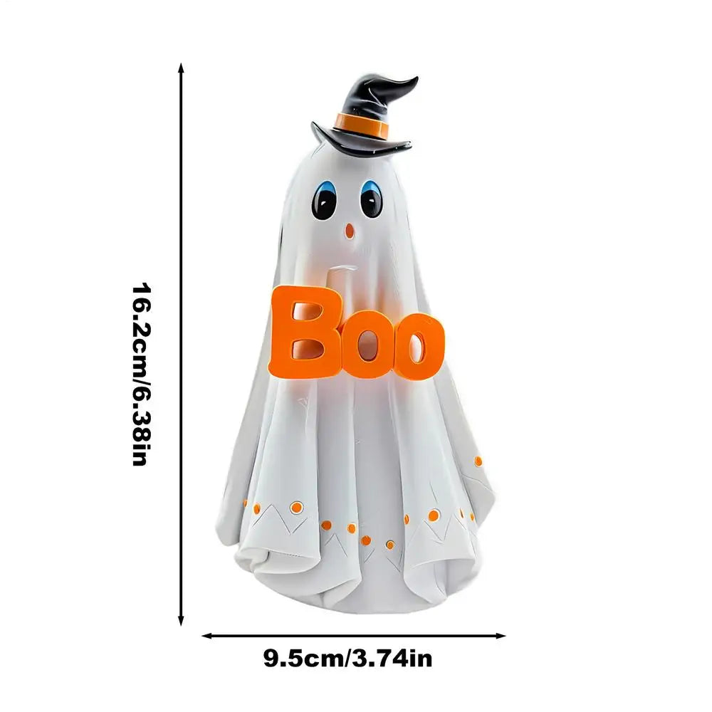 A white ghost figurine with a pointed hat and glowing eyes for Halloween decor