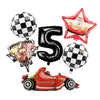 A set of birthday racing car party decorations including a black number five balloon, a red star balloon, and a racing car cu
