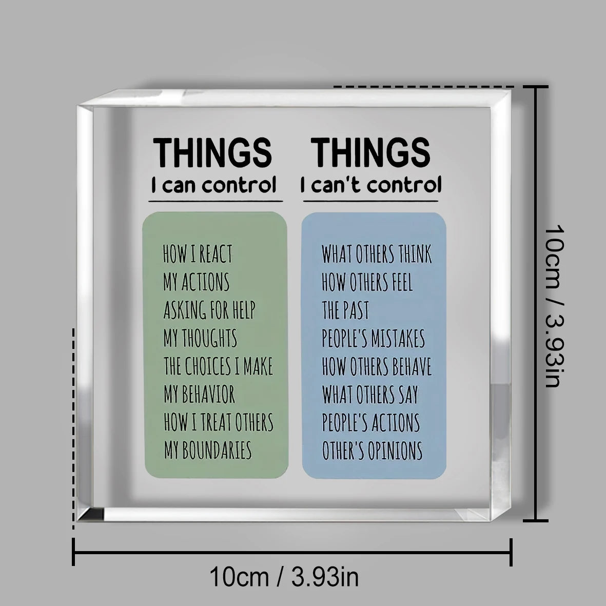 Acrylic desk sign divided into things I can control and things I can't control with text descriptions
