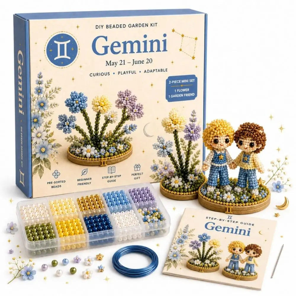 A box of Gemini DIY beaded garden kit with glass beads, including a flower arrangement and instructions.