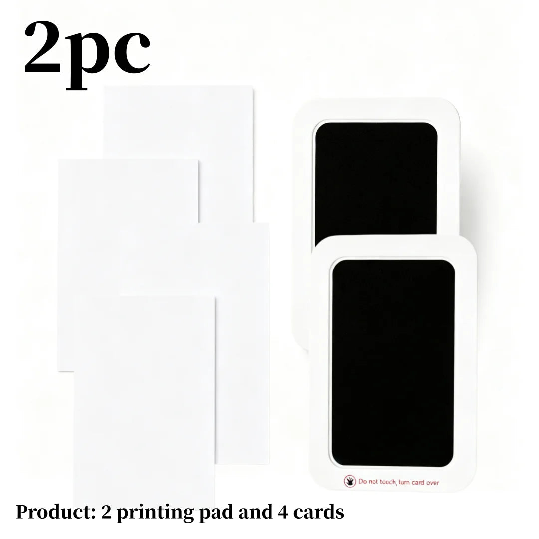 A kit containing two printing pads and four cards for creating baby hand and footprint keepsakes.