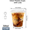 A clear plastic cup filled with iced tea or beverage, sealed with a lid, shown next to size measurements.