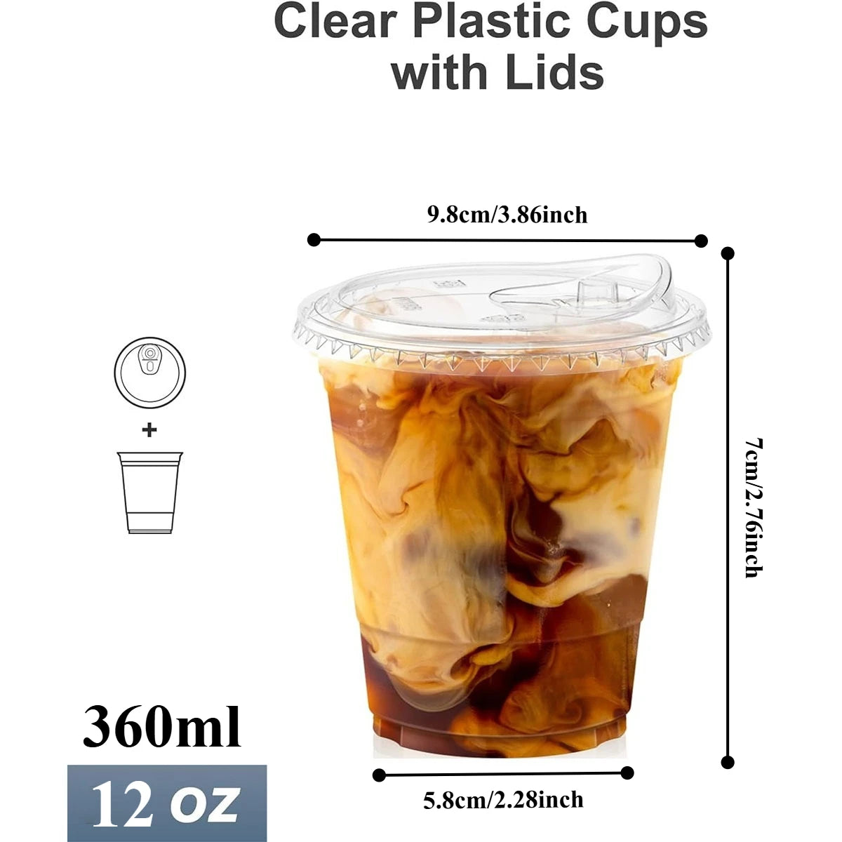 A clear plastic cup filled with iced tea or beverage, sealed with a lid, shown next to size measurements.