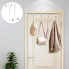 A set of heavy duty over-the-door hooks is shown hanging on a door, with an inset diagram illustrating the hook design.