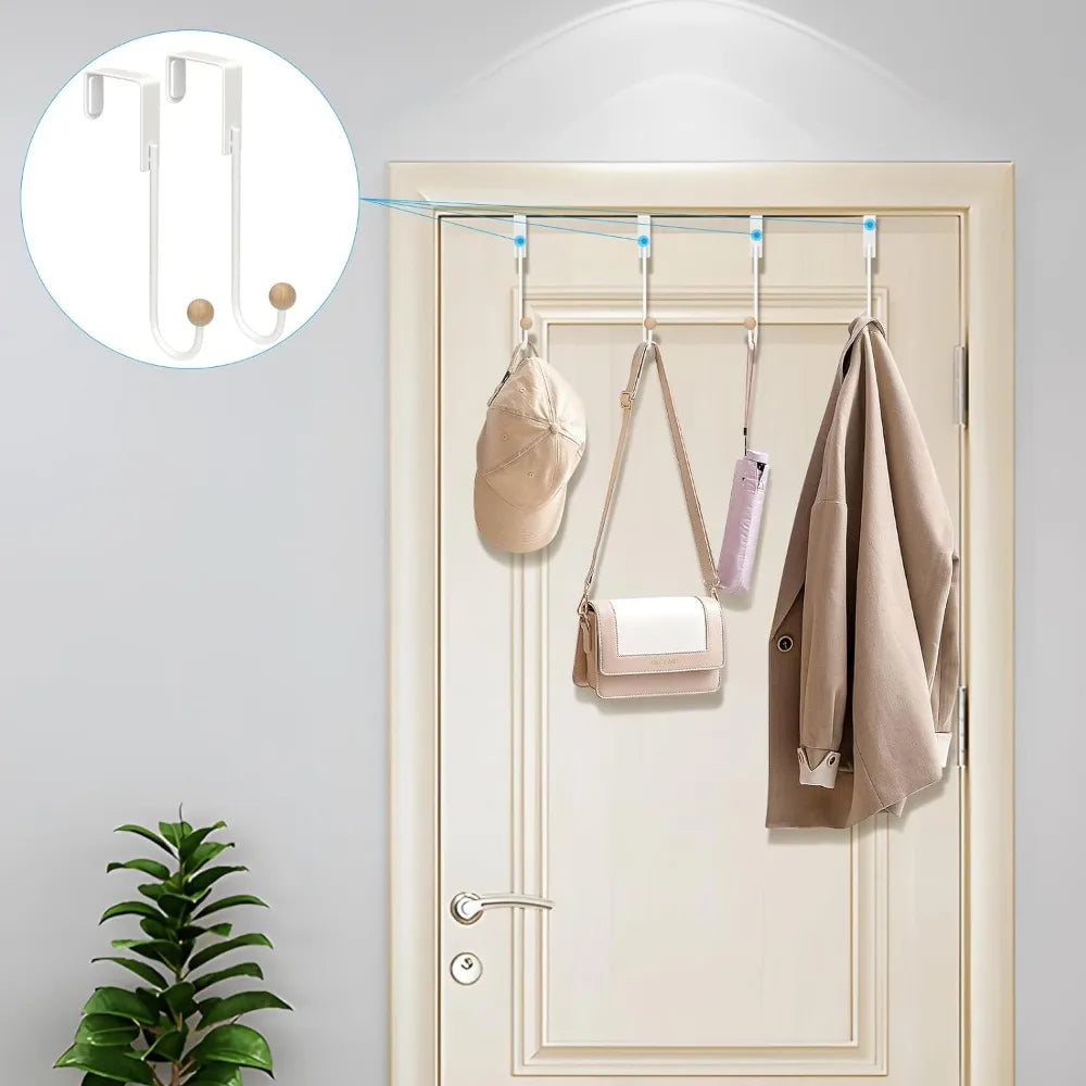 A set of heavy duty over-the-door hooks is shown hanging on a door, with an inset diagram illustrating the hook design.