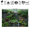 A rectangular banner featuring a natural stone waterfall backdrop covered in lush green plants and illuminated by warm lights