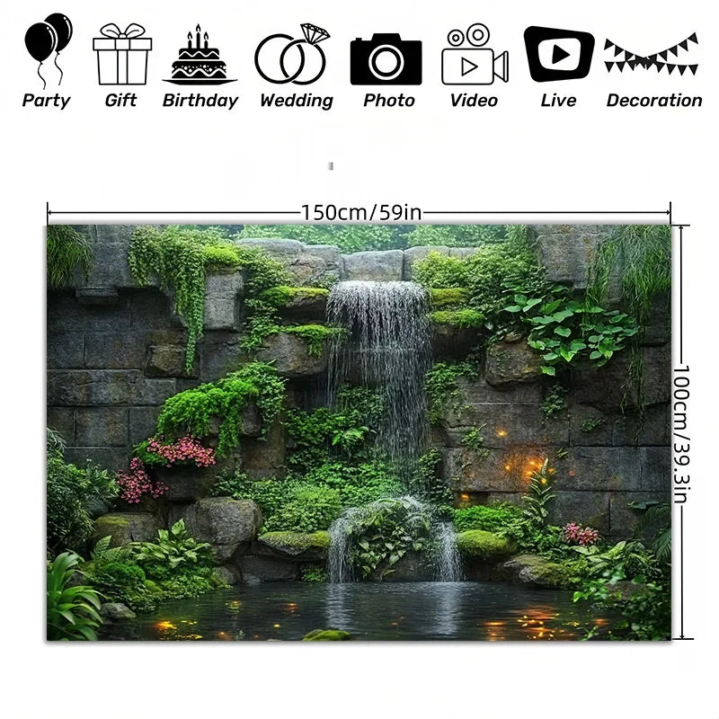 A rectangular banner featuring a natural stone waterfall backdrop covered in lush green plants and illuminated by warm lights