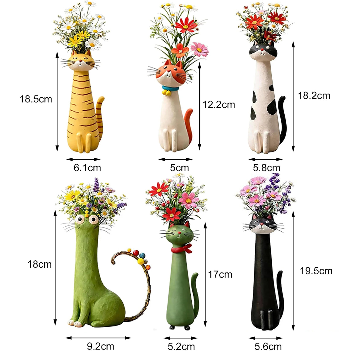 Three decorative resin cat flower vases in yellow, orange, and black with varying heights.
