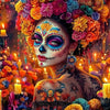 A vibrant face painted like a skull adorned with colorful flowers and jewels, set against a backdrop of glowing candles and f