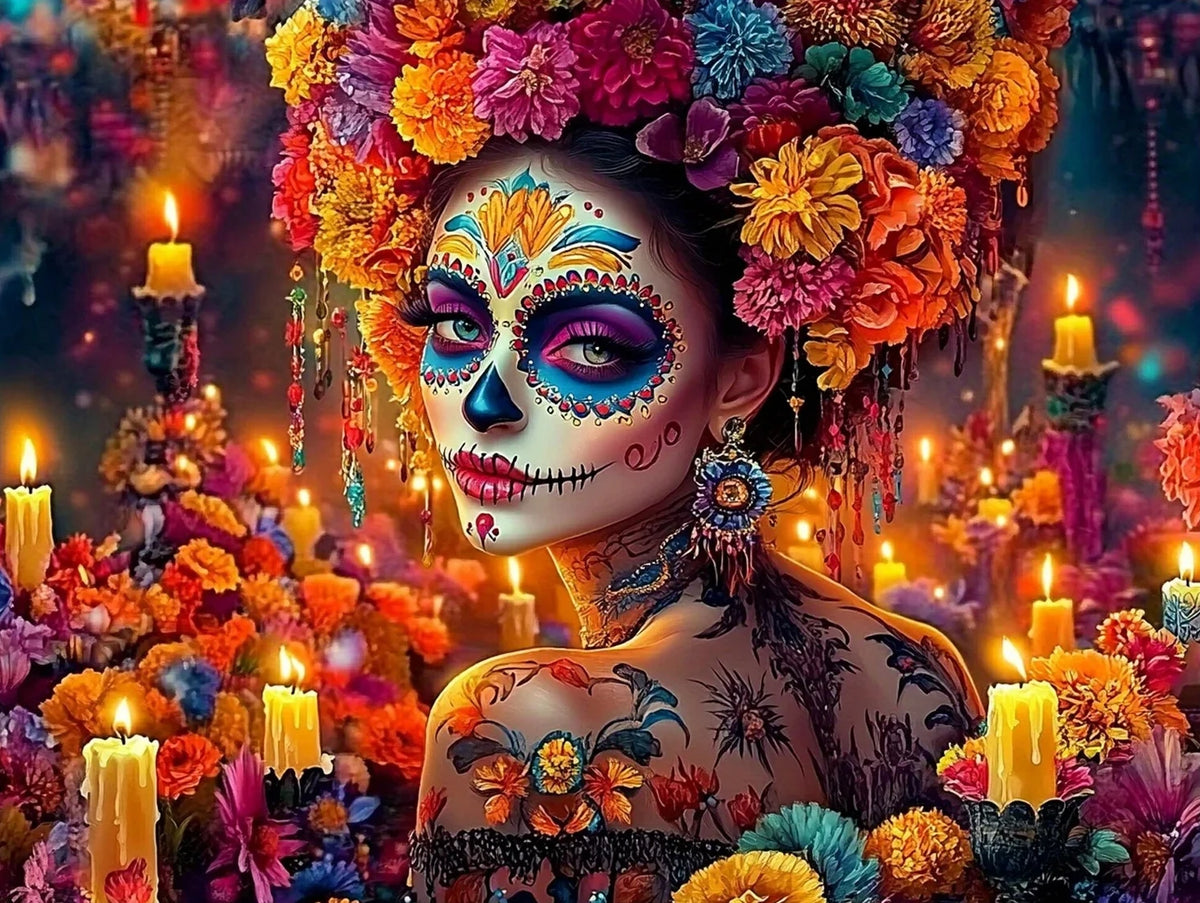 A vibrant face painted like a skull adorned with colorful flowers and jewels, set against a backdrop of glowing candles and f