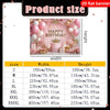 A product size chart showing dimensions for various sizes of an elegant pink and gold happy birthday backdrop.