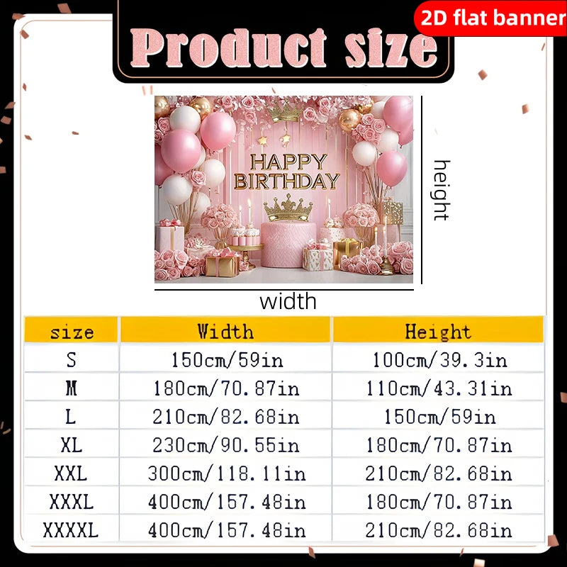 A product size chart showing dimensions for various sizes of an elegant pink and gold happy birthday backdrop.