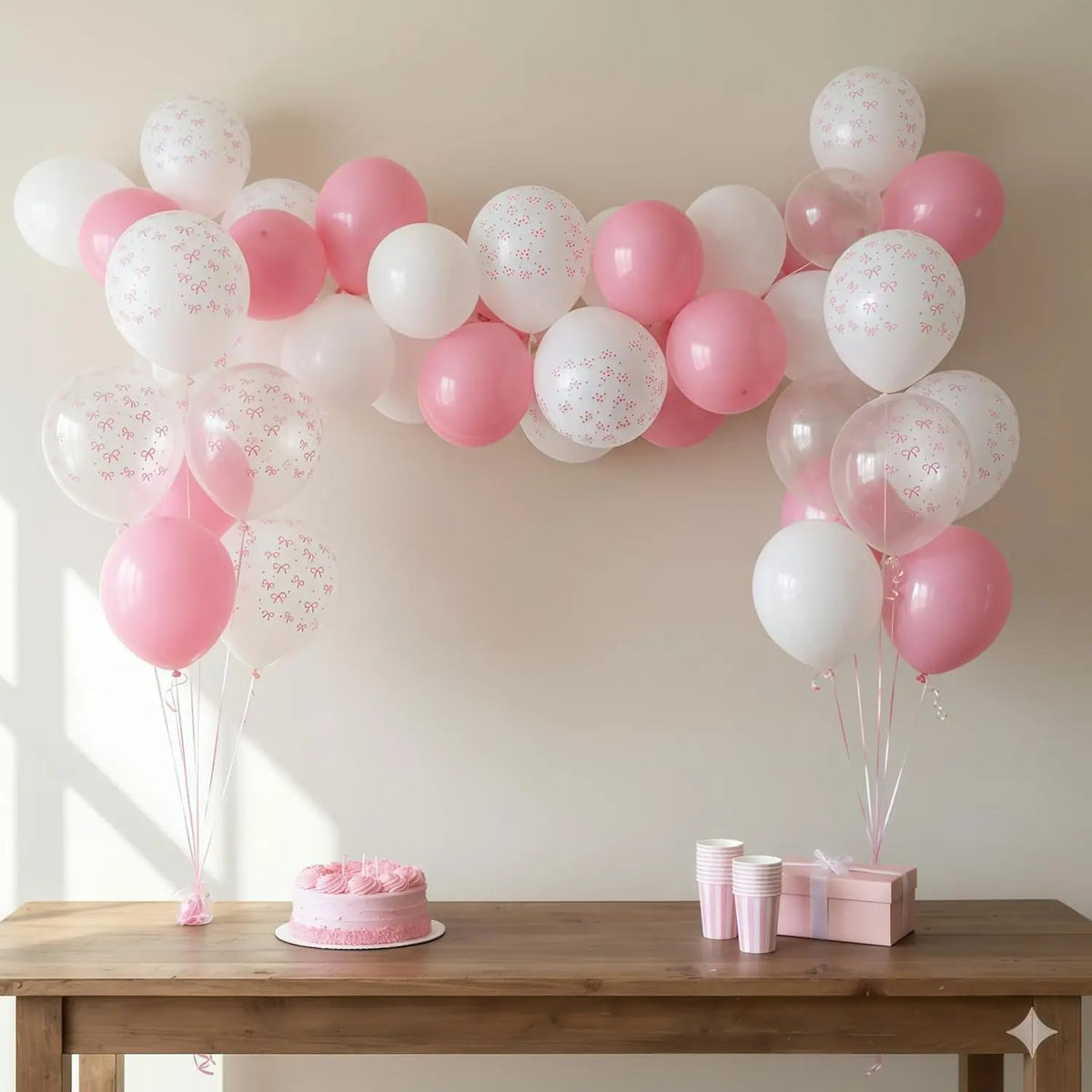 A display of 35 pastel pink and white balloons arranged in a decorative arch on a light-colored wall.