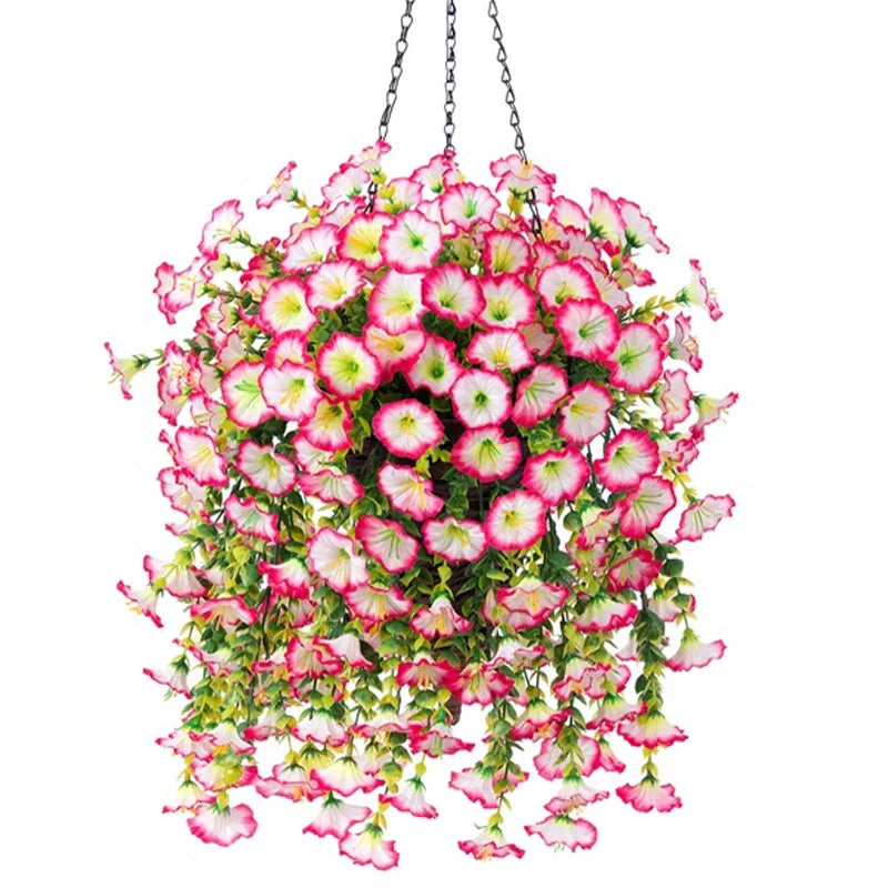 A hanging arrangement of artificial morning glory flowers in shades of pink and white.