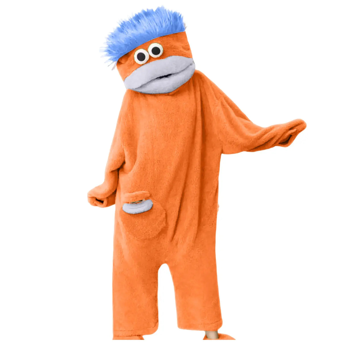 An orange plush monster loungewear romper with blue hair and a large mouth feature.