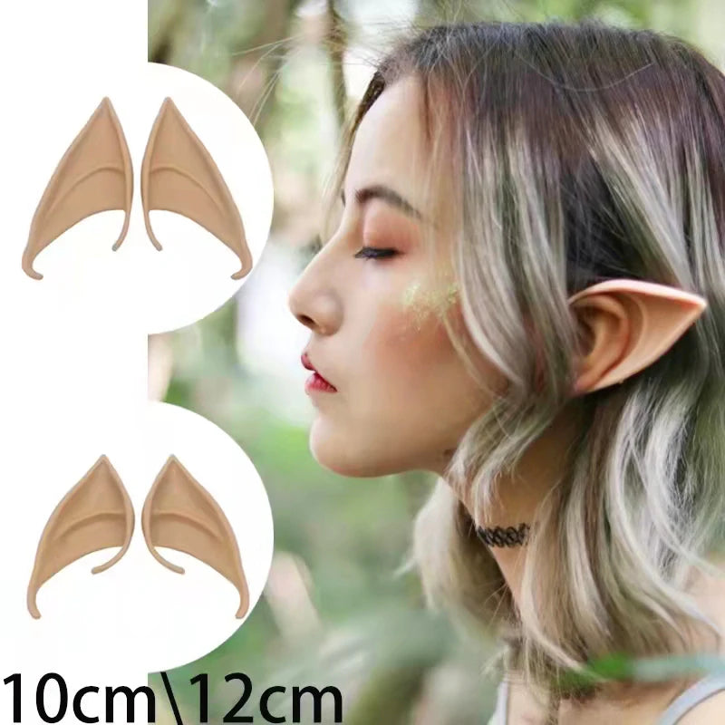 Close-up of a woman wearing realistic latex elf ears for cosplay and costume parties