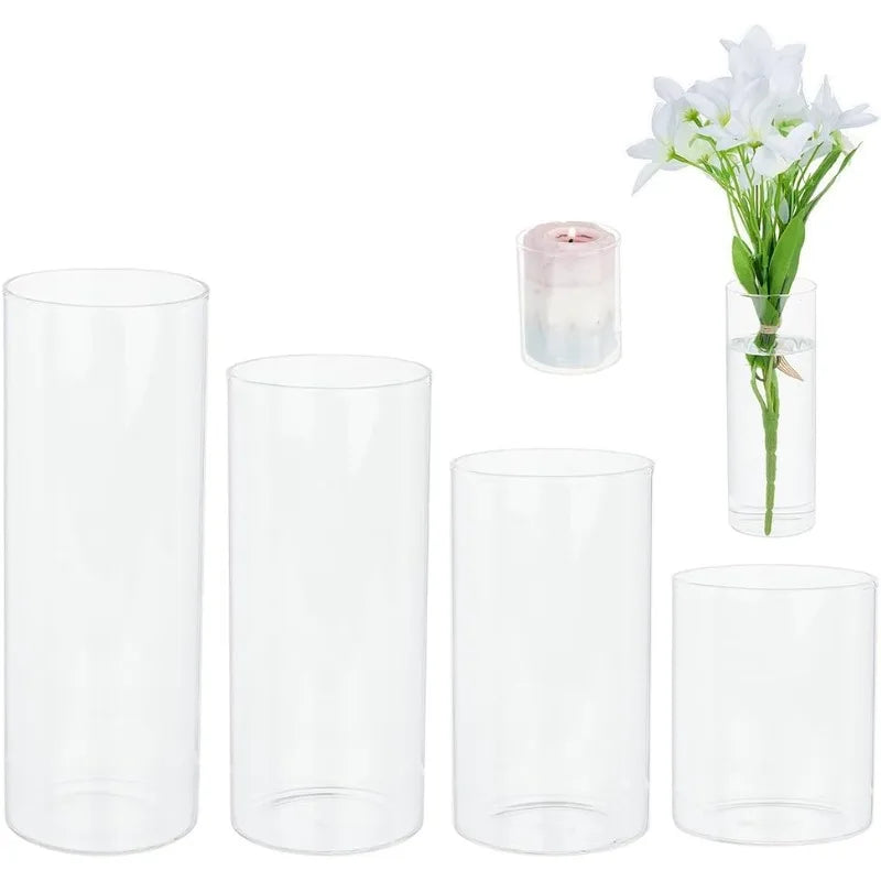 Set of 4 Clear Glass Cylinder Vases for Candles & Floral Displays