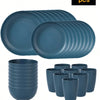 A set of 32 reusable blue plastic tableware items including plates and cups.