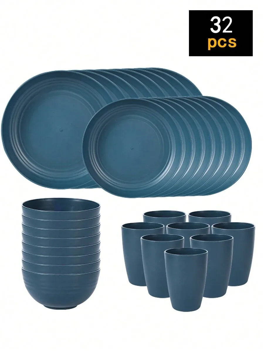 A set of 32 reusable blue plastic tableware items including plates and cups.