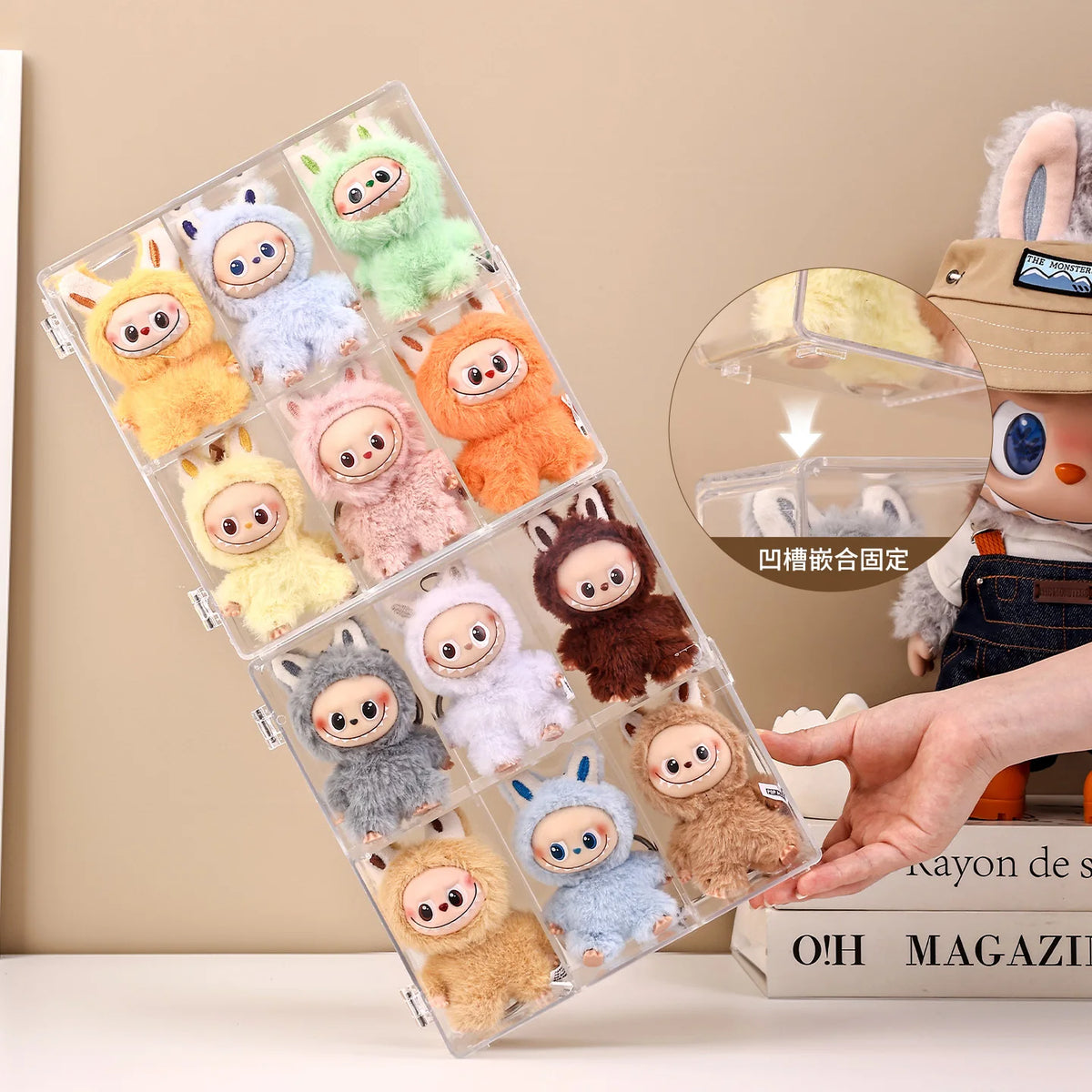 Präsentation verschiedener flauschiger, tier-themed Acrylblindboxen in Pastell- und Erdtönen.