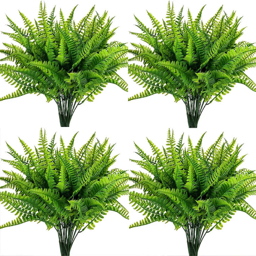 Four arrangements of vibrant green artificial Boston ferns and faux shrubs for home decor