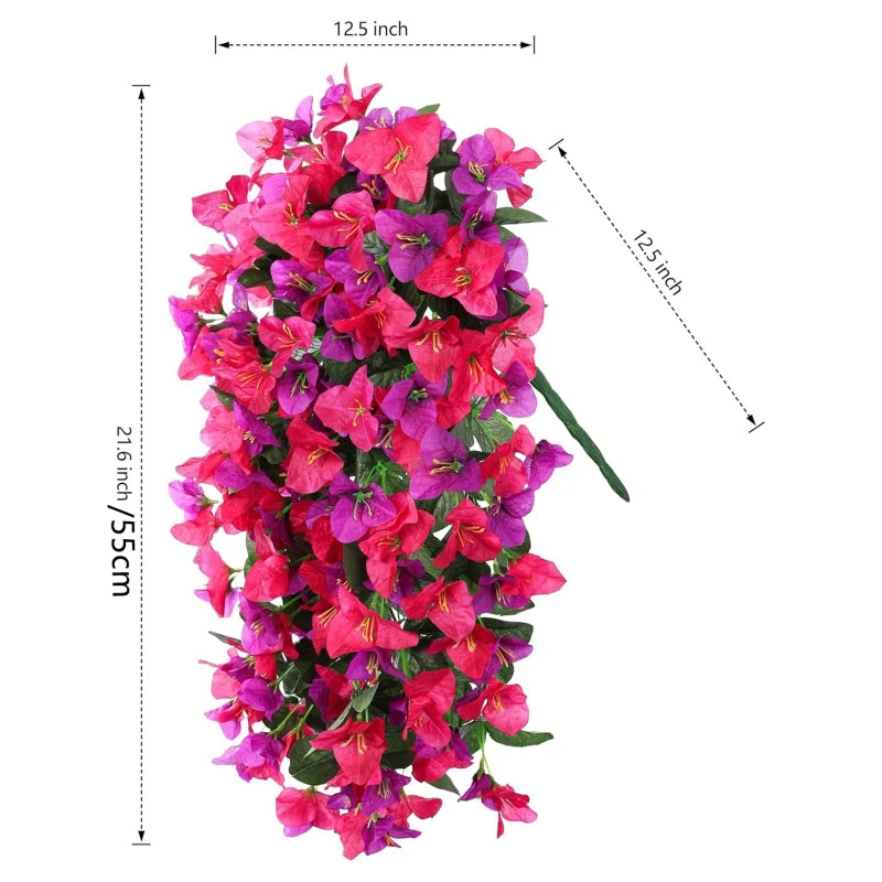 A vertical arrangement of vibrant pink and purple artificial bougainvillea flowers used for home or wedding decor.