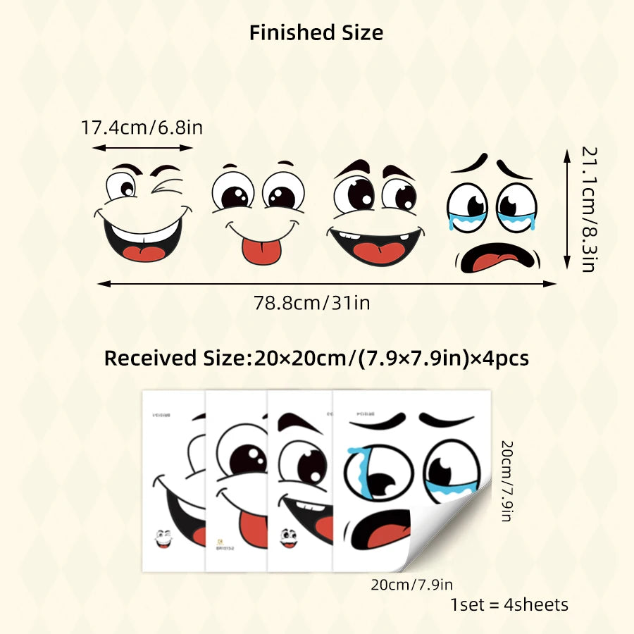 Abgemessene Größenvergleich für ein Set von vier Cartoon-Gesichts-Sticker-Behälter