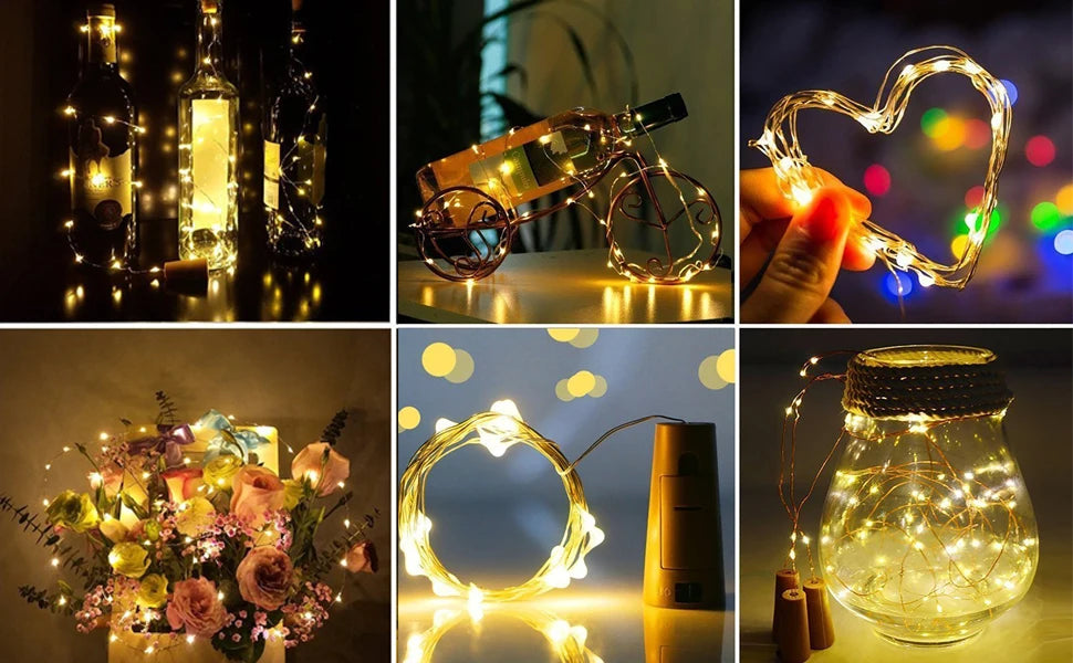 A collection of LED wine bottle cork lights illuminating various bottles and creating decorative light effects.