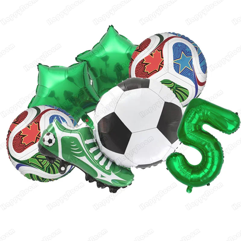 A set of six green and multi-colored soccer themed balloons, including a ball and a number five balloon.