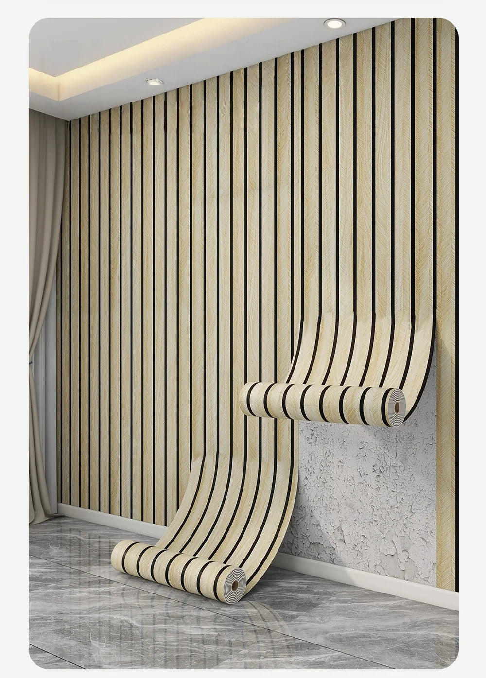 A roll of self-adhesive wood grain wallpaper is displayed against a vertical slat wall in a modern interior.