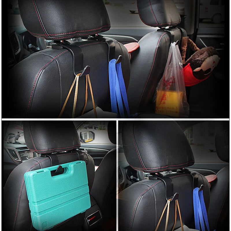 Four car headrest hooks in various colors and materials for storing bags and items.