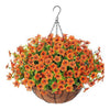 Realistic artificial orange flowers in a hanging basket with a metal hanger